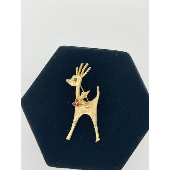 Christmas Reindeer Brooch Gold Tone Red Green Accents 2.5" - Picture 3 of 8